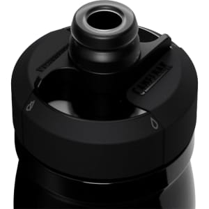 A drink bottle with a black insulated steel design and a sip nozzle, featuring a logo on the lid.