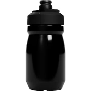 A drink bottle in black, featuring a screw-on top and a built-in spout. It has a sleek design and a logo.