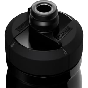 A drink bottle with a black insulated steel body and a black spout cap, featuring a logo on the side.