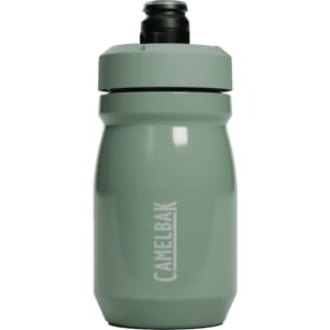 A drink bottle in muted green with a branded logo, featuring an insulated design and secure lid.
