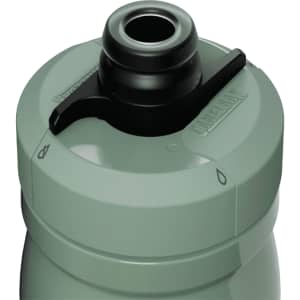 A drink bottle with a grey insulated metal body and a black nozzle cap features a brand logo.