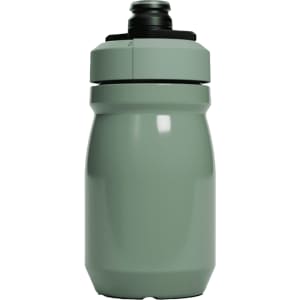 A drink bottle in muted green, featuring a screw-on lid and a black spout, with a logo on the side.