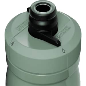 A drink bottle in muted green with a black top and a features an attached spout. It has a logo.
