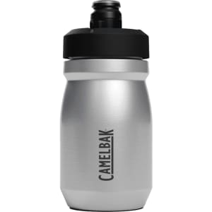 A drink bottle made of stainless steel, featuring a black cap and a CamelBak logo on the side.