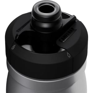 A drink bottle with a silver body and a black, spout lid featuring a logo.