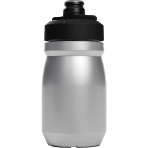 A drink bottle in silver stainless steel with a black lid, featuring a logo on its surface.