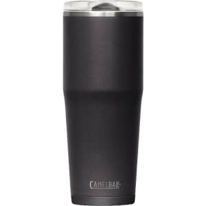 A drink bottle in matte black with a clear lid and a logo at the base.