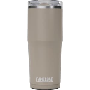 A drink bottle in a light brown shade with a clear lid and a logo.