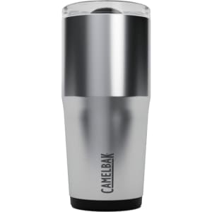 A drink bottle in silver and black, featuring a clear lid and a logo on the side.