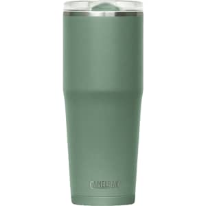 A drink bottle in a muted green colour with a stainless steel finish and a transparent lid, featuring a logo.