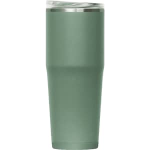 A drink bottle with a sleek design, featuring a matte green finish and a stainless steel top. It has a logo.