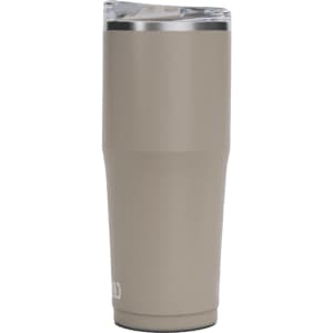 A drink bottle in a matte beige colour with a metal lid and a clear plastic top. It features a logo.