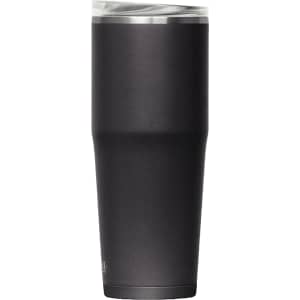 A drink bottle in matte black with a clear lid, featuring a sleek, tapered design and a branding logo.
