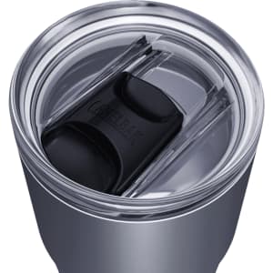 A drink bottle with a clear lid and a black sliding mechanism, featuring a stainless steel body in grey.