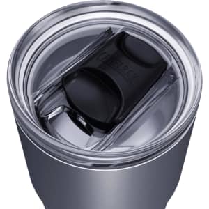 A drink bottle featuring a silver body and a black lid, designed for convenience. It has a logo on the lid.