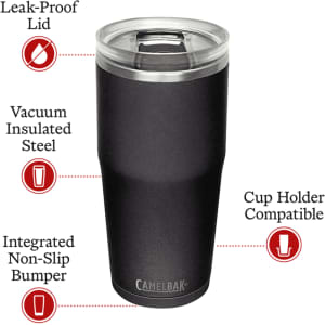 A drink bottle with a vacuum-insulated, black body; features a clear lid and includes a branding logo.