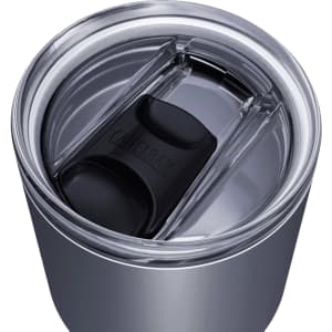 A drink bottle with a silver finish features a transparent lid and a black sliding cover, along with a logo.