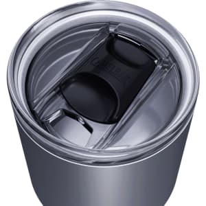 A drink bottle with a silver finish and a clear lid featuring a black sliding closure.