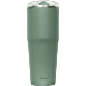 A drink bottle in a matte green finish with a transparent lid and a branded base.