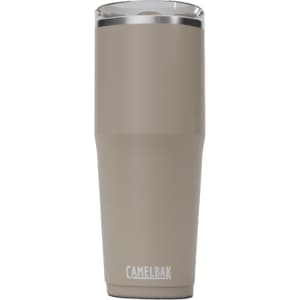 A drink bottle in a matte tan colour with a stainless steel lid and a logo at the bottom.