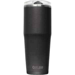 A drink bottle in matte black with a stainless steel lid and a logo on the front.