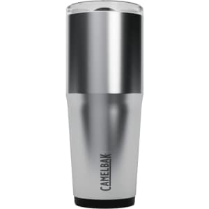 A drink bottle featuring a silver body with a black base, topped with a clear lid and a brand logo.