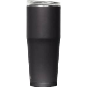 A drink bottle in matte black with a clear lid, featuring a sleek, tapered design and a logo.