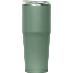 A drink bottle with a sleek design, featuring a matte green finish and a transparent lid. It includes a brand logo.