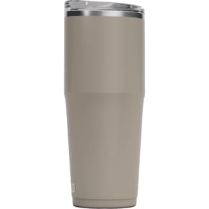 A drink bottle in a muted beige colour with a stainless steel lid and a logo on the side.