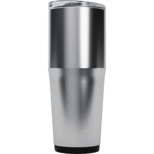 A drink bottle with a sleek silver and stainless steel design featuring a clear lid and a black base. It has a logo.