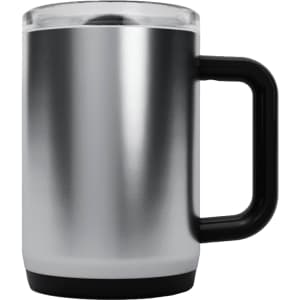 A drink bottle with a stainless steel body, a black handle, and a transparent lid.