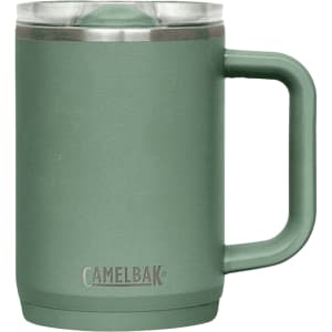 A drink bottle with a green finish, featuring a handle and a clear lid, along with a brand logo.