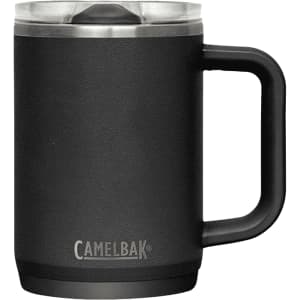 A drink bottle in matte black with a handle and a transparent lid, featuring a logo.