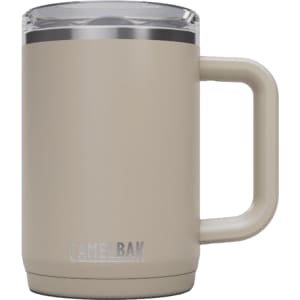 A drink bottle in a matte beige colour with a clear lid, featuring a sturdy handle and a logo.