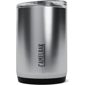 A drink bottle featuring a sleek, stainless steel finish with a solid black base and a clear lid. It has a logo.