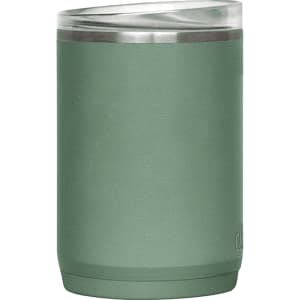 A drink bottle in a muted green colour with a stainless steel lid and a textured exterior. It features a logo.