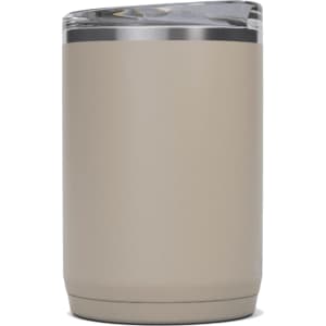 A drink bottle in a light brown hue, featuring a transparent lid and a sleek design, with a logo on the side.