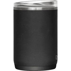 A drink bottle featuring a black stainless steel body and a clear lid, with a silver rim detail.