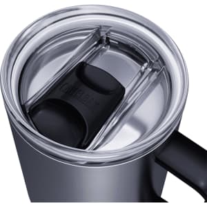 A drink bottle with a silver body and a black lid, featuring a sliding closure and a handle. It has a logo on the lid.