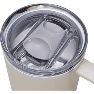 A drink bottle with a grey lid and a clear top, featuring a logo and a sleek design in a light colour.