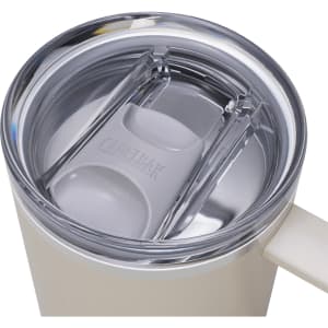 A drink bottle with a white exterior and a clear lid featuring a logo. The lid has a double-wall design.