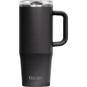 A drink bottle in matte black with a handle and a clear, transparent lid, featuring a logo.