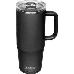 A drink bottle in black with a clear lid and a handle, featuring a logo on the base.