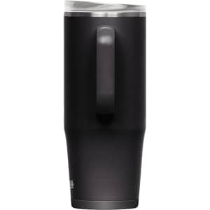 A drink bottle in matte black with a handle and a clear lid, featuring a simple logo.