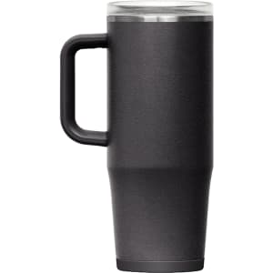 A drink bottle in matte black with a handle and a clear lid, featuring a logo.
