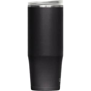 A drink bottle in matte black, featuring a sleek design and a transparent lid, with a logo on the side.