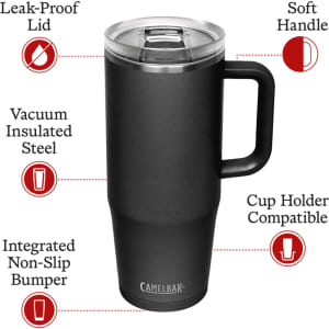 A drink bottle in matte black, featuring a soft handle, leak-proof lid, and vacuum insulated steel design.