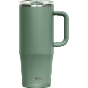 A drink bottle with a green matte finish, featuring a handle and a transparent lid, branded with a logo.
