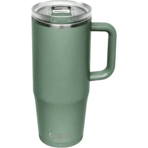 A drink bottle in muted green with a clear lid and a handle, featuring a logo on the base.