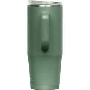 A drink bottle in matte green with a handle, featuring a clear lid and a sleek, tapered design.